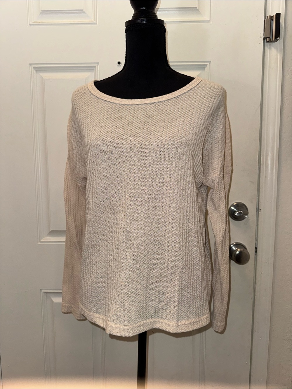Relaxed Waffle Knit Long Sleeve Tee - Cream 0366